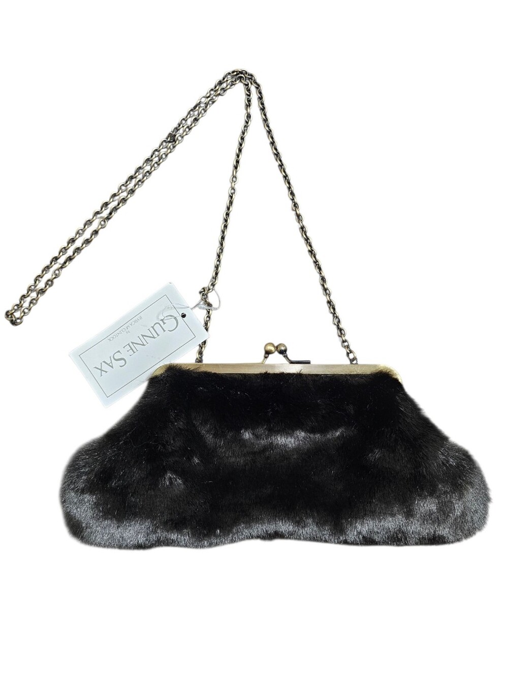 Vintage Deadstock Gunne Sax NEW Black Faux Fur Chain Clutch - Picture 1 of 4